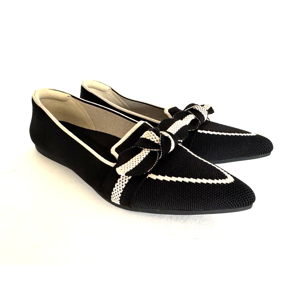 Vivaia Michelle Pointy-Toe Knit Flats 38.5 Black Cream Bow Trim Cushion Non-Slip